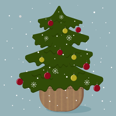 green Christmas tree in a basket decorated with red and yellow ballsのイラスト素材