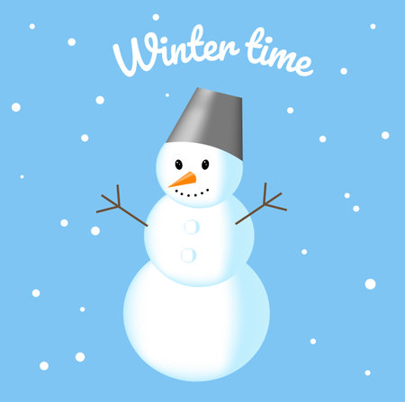 a snowman with his hands raised up and a gray bucket on his head isolated drawing on a blue backgroundのイラスト素材