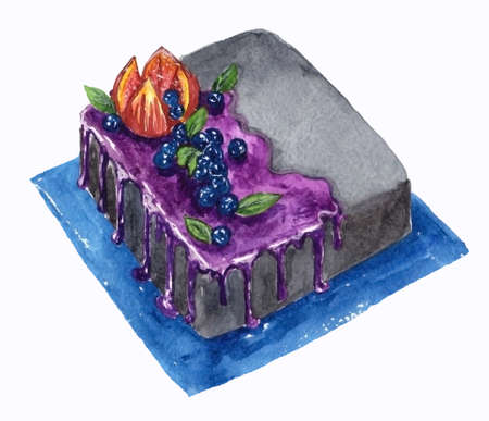 watercolor black cake with blueberriesの写真素材