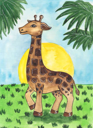 Cartoon giraffe stands on a green meadow against the yellow sun under the leaves of a palm treeの写真素材