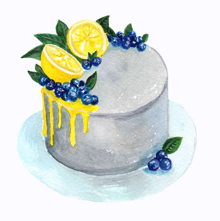 watercolor gray cake with lemon and blueberriesの写真素材