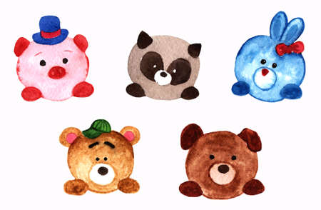 Cute watercolor animals. Isolated on white objects. Kids illustrationの写真素材