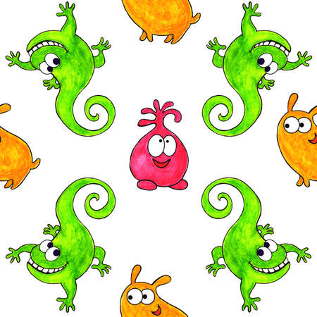 Cartoon colorful monsters seamless hand drawn bright patternの写真素材