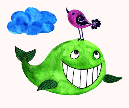 watercolor hand drawn illustration with whale, cloud and birdの写真素材