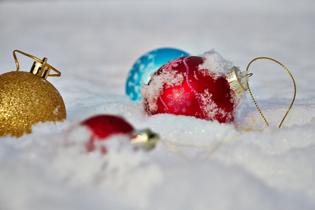 Christmas toys in the snowの写真素材