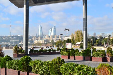 Flame Towers - beautiful skyscrapers view from the Seaside boulevard in Baku. Flame Towers is a symbol of the new Baku.の写真素材