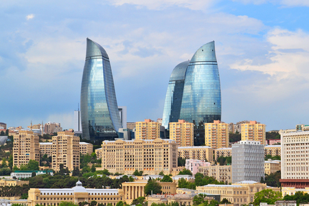 Flame Towers view from the Maiden Tower. Flame Towers - beautiful skyscrapers view from the Seaside boulevard in Baku. Flame Towers is a symbol of the new Baku.のeditorial素材