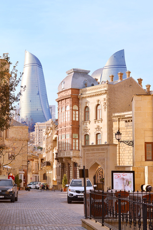 Baku, Azerbaijan - December 31, 2014: Old City in Baku on the background Flame Towersのeditorial素材