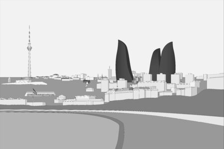 Seaside boulevard in Baku, Azerbaijan grayscale vector illustrationのイラスト素材