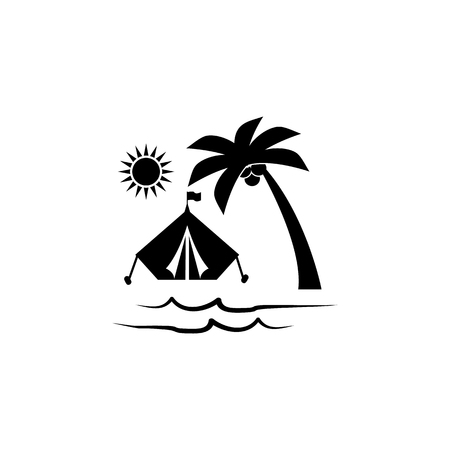 Waves of sandy beach, camping tent and palm trees at sunset icon. Beach holidays simple icon. Travel element icon. Premium quality graphic design. Signs symbols collection icon on white background.のイラスト素材