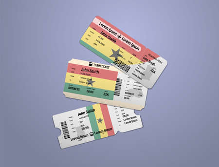 Modern design of Ghana airline, bus and train travel boarding pass. Three tickets of Ghana painted in flag color. Vector illustration isolatedのイラスト素材