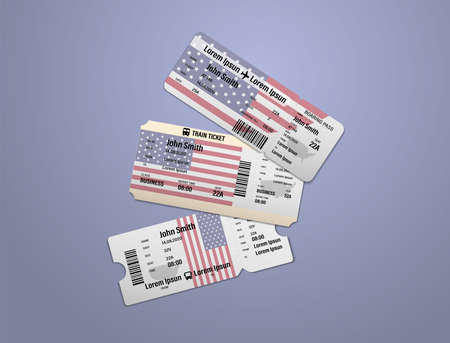 Modern design of USA airline, bus and train travel boarding pass. Three tickets of USA painted in flag color. Vector illustration isolatedのイラスト素材