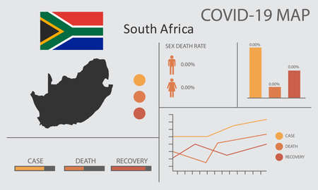 Coronavirus (Covid-19 or 2019-nCoV) infographic. Symptoms and contagion with infected map, flag and sick people illustration of South Africa countryのイラスト素材