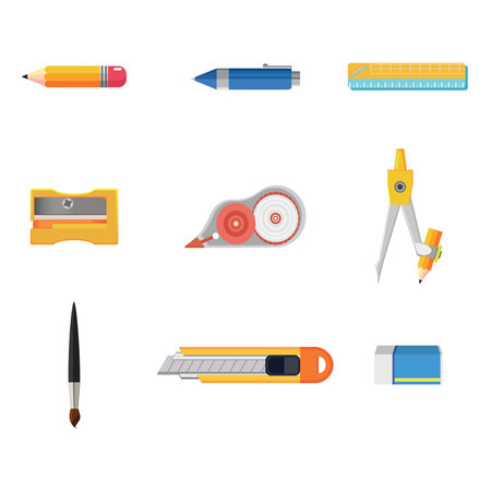 Stationery icons set. Flat illustration of 9 stationery icons for webのイラスト素材