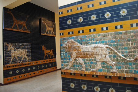 Istanbul, Turkey - May 6, 2011. Glazed panels depicting animals from the processional street and Ishtar gate of ancient Babylon at the Istanbul Archaeology Museum.のeditorial素材