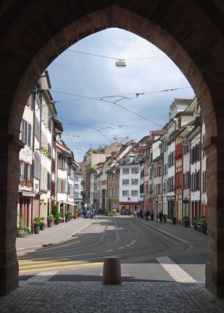 Street view through Spalentor gate in Baselのeditorial素材