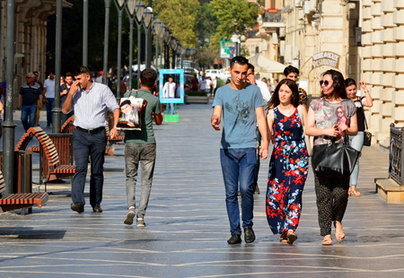 Baku, Azerbaijan - July 23, 2017.   View of Nizami street in Baku, with people.のeditorial素材