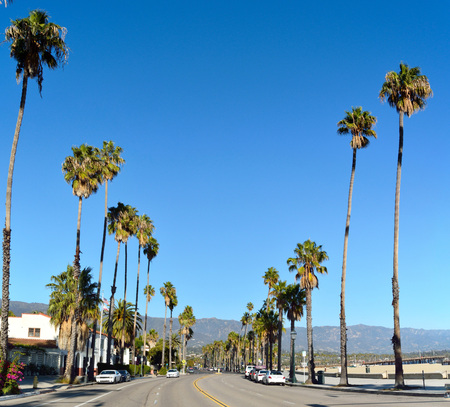 Santa Barbara, California, United States of America - November 30, 2017. View of State St in Santa Barbara, CA, with residential buildings, cars and palm trees.のeditorial素材