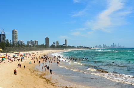 Burleigh Heads, Gold Coast, Queensland, Australia - January 13, 2018. Beach in Burleigh Heads, with buildings and people.のeditorial素材