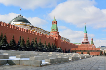 View of Kremlin and Leninâ€™s Mausoleum on the Red Square in Moscow, Russia.