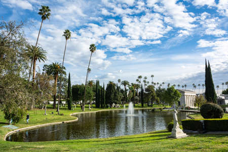 Los Angeles, California, United States of America - January 7, 2017. View of Hollywood Forever Cemetery in Los Angeles, CA, with tombs, people and vegetation.のeditorial素材