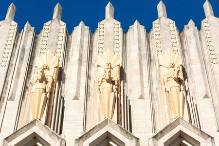 Tulsa, Oklahoma, United States of America - January 20, 2017. Terra cotta sculptures on the facade of Boston Avenue United Methodist Church in Tulsa, OK.のeditorial素材