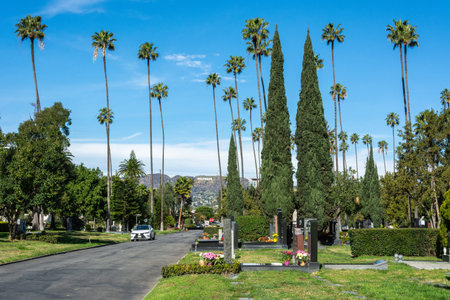 Los Angeles, California, United States of America - January 8, 2017. View of Hollywood Forever Cemetery in Los Angeles, CA, with tombs, car and Hollywood sign in the background.のeditorial素材