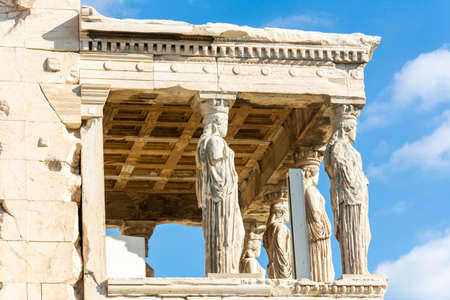 Plaster casts of larger-than-life maiden columns, the Caryatids, of the  Erechtheion temple at the Acropolis of Athens in Greece.の写真素材