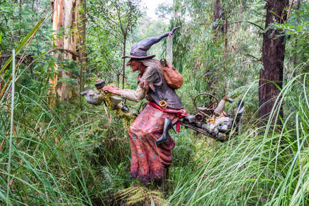 Marysville, Victoria, Australia â March 24, 2017. Sculpture of a witch riding a broomstick made of consumer devices, among vegetation at Bruno Ark Sculpture Garden in Marysville, VIC.のeditorial素材