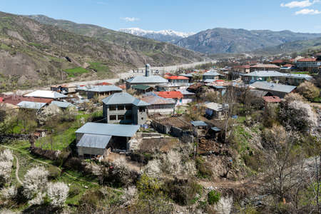 View over Lahic village in Ismayilli region of Azerbaijan. April 2019.の写真素材