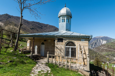 Lahic, Ismayilli region, Azerbaijan - April 28, 2019. Holy shrine at a cemetery in Lahic village of...