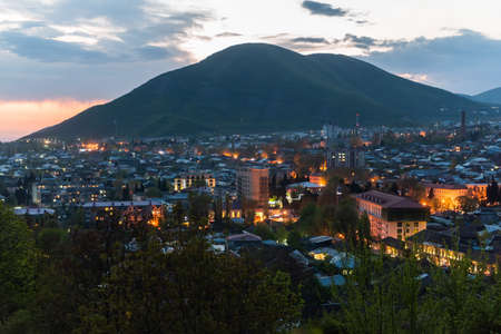 Sheki, Azerbaijan - April 28, 2019. View over Sheki town in Azerbaijan, at dusk.のeditorial素材