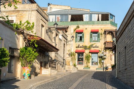 Baku, Azerbaijan - May 6, 2019. Street view in Icherisheher (Old City) quarter of Baku.のeditorial素材