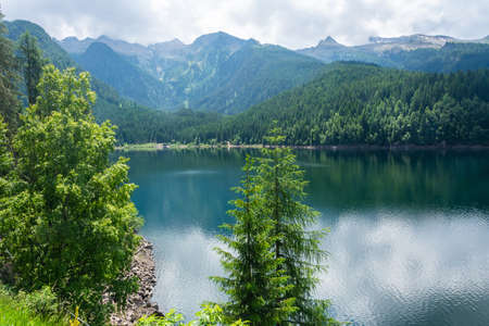 Lago di Paneveggio artifical lake in the Fiemme valley of Trentino, Italy, on a cloudy summer day.の写真素材