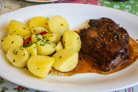 Beef steak with boiled potatoes in Czech Republic.