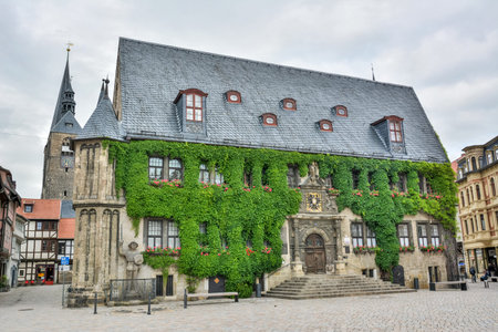Quedlinburg, Germany â June 19, 2016. Ivy-cloaked Rathaus building, dating from 1320, on the Markt square in Quedlinburg, with surrounding buildings and people.のeditorial素材