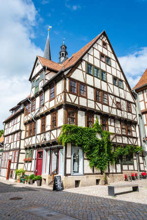 Quedlinburg, Germany â June 19, 2016. Traditional historical half-timbered building in Quedlinburg, housing commercial properties.のeditorial素材