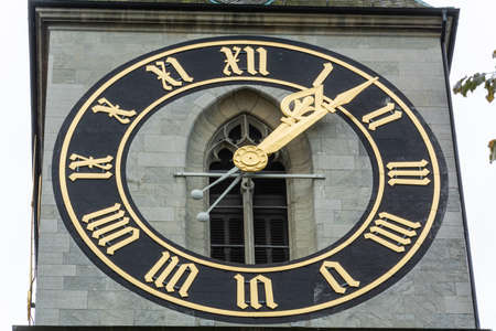 Zurich, Switzerland â June 25, 2016. The church clock of St. Peter church in Zurich. The church clock is the largest tower clock face in Europe, the outer diameter of each of the four church clocks measures 8.64 metres, the minute hand 5.73 metres, the のeditorial素材