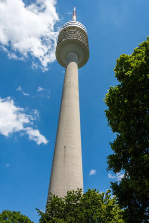 Munich, Germany â July 1, 2016. 291m-high Olympic Tower (Olympiaturm) in Munich, on a clear summer day. The tower also serves as a broadcast tower.のeditorial素材