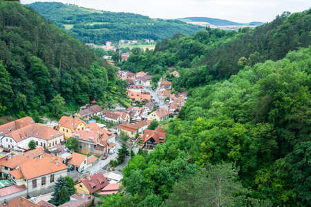 Karlstejn, Czech Republic â July 12, 2016. View over Karlstejn market town in Czech Republic, with buildings and commercial properties.のeditorial素材