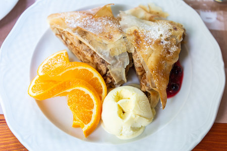 Plate of apple strudel in Hungary.