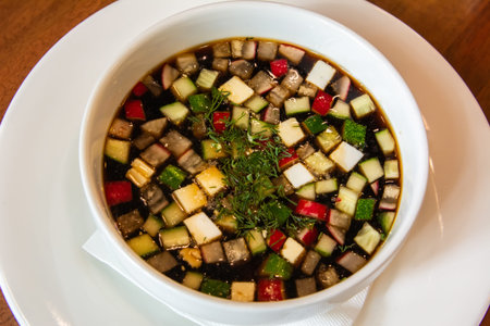 Plate of Russian cold soup Okroshka with kvass.の写真素材