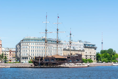 Saint Petersburg, Russia â June 15, 2017. The Flying Dutchman three-mast sailboat, the unique copy of the Dutch Fleut Amsterdam of the year 1748, currently housing three restaurants and a summer terrace, moored to the Mytninskaya quay in Saint Petersburのeditorial素材