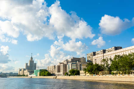 Moscow, Russia â July 3, 2017. View of Sofiyskaya and Raushskaya Embankments in Moscow, toward the Kotelnicheskaya Embankment Building. View with commercial and residential buildings in summer.のeditorial素材