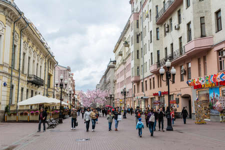 Moscow, Russia â June 13, 2017. View of Arbat street in Moscow, with commercial properties and people.のeditorial素材