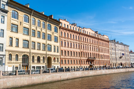 Saint Petersburg, Russia â June 15, 2017. View of Moyka River and embankment in Saint Petersburg, with historic buildings, commercial properties and people.のeditorial素材