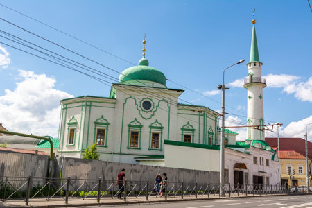 Kazan, Russia â June 28, 2017. Nurullah mosque in Kazan, Russia. One of the most historic of the 41 surviving mosques in Kazan, it has been rebuilt several times since 1849. Exterior view with people in summer.のeditorial素材