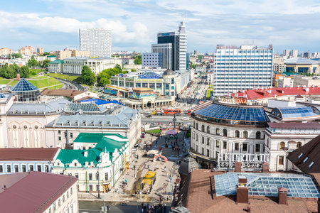 Kazan, Russia â June 23, 2017. Aerial view over Kazan, the capital of Tatarstan Republic in Russia, and the main pedestrian street â Bauman street, with commercial properties and people.のeditorial素材