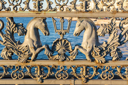 Saint Petersburg, Russia â June 15, 2017.  Intricate ironwork depicting horses on Annunciation Bridge (Blagoveshchenskiy Bridge) across the Neva River in Saint Petersburg.のeditorial素材