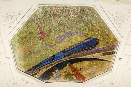 Moscow, Russia â July 6, 2017. Moscow, Russia â July 6, 2017. Octagonal ceiling mosaic depicting a train and skiers at Novokuznetskaya metro station in Moscow.のeditorial素材
